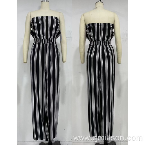 Summer Lady's Strapless Elastic Waist Striped Jumpsuit